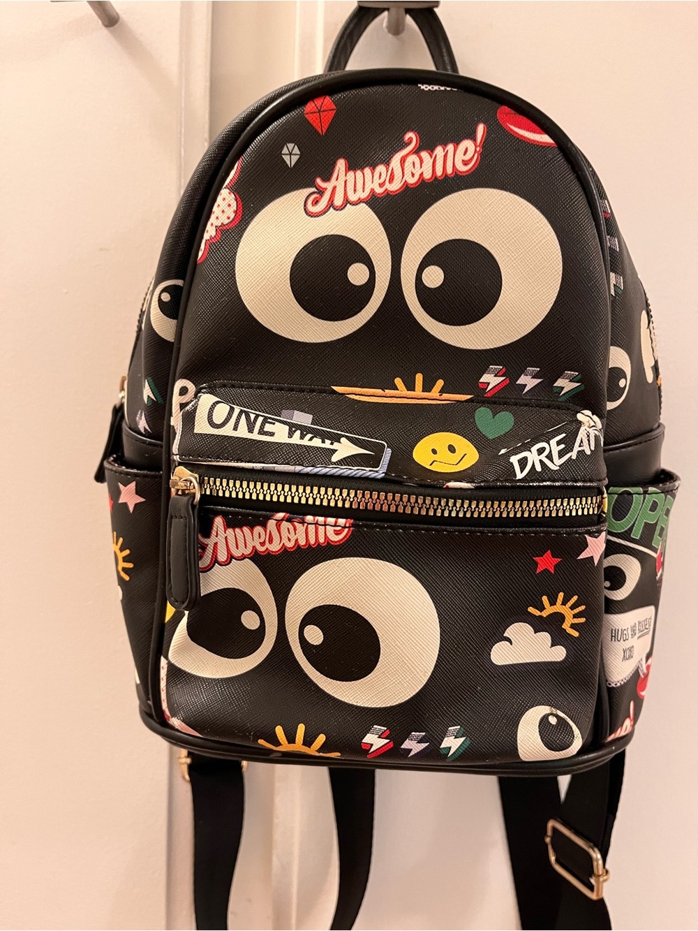LD Black Pop Art Graffiti Mini Backpack – Eyes, Hearts & Retro Sticker Print